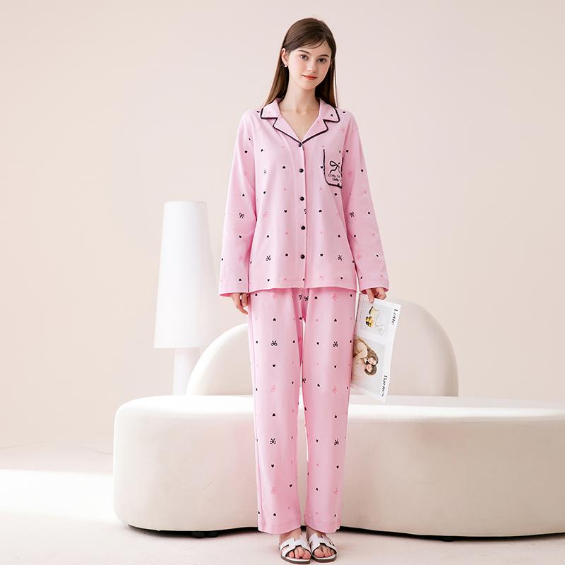 Fenteng Pure Cotton Collar Cardigan Sleepwear Set for Girls and Women