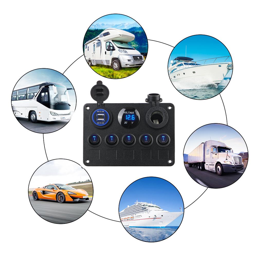 5 Gang Marine LED Rocker Waterproof Digital Voltmeter 12V Outlet Combination Boat Switch Panel Dual USB Port Car Switch Panel