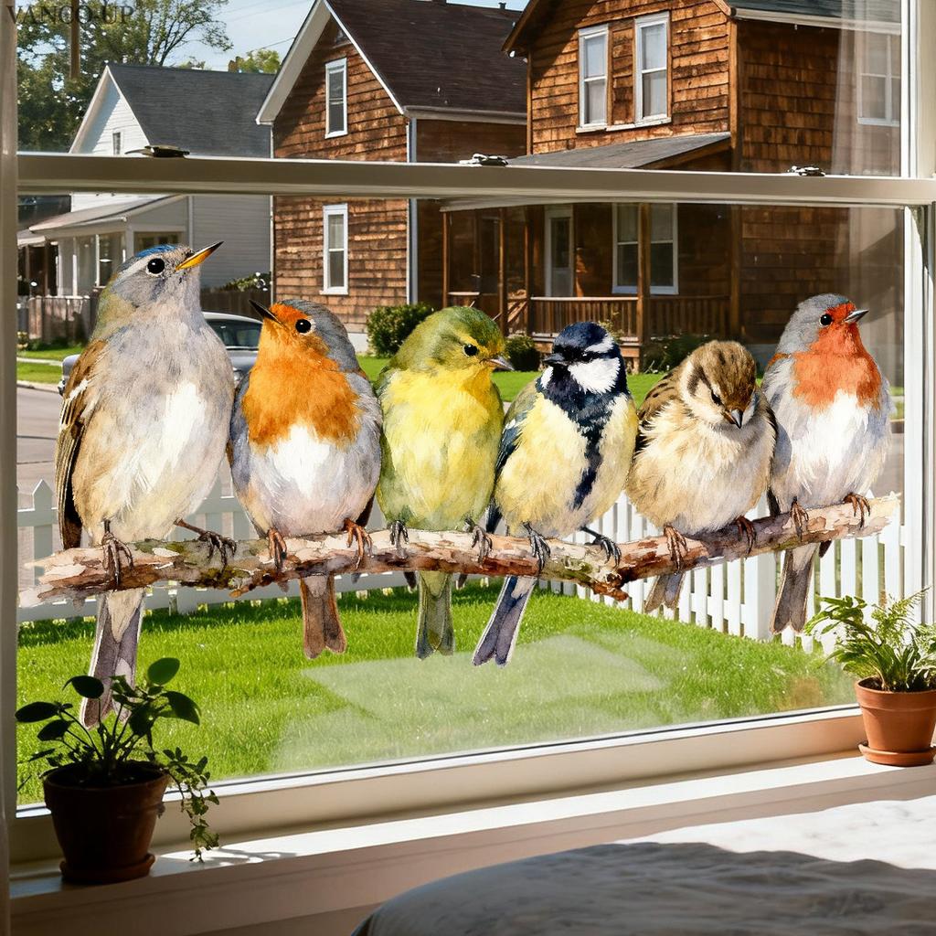 Static Cling Window Stickers Cartoon Birds on Branch Two Way Visible for Home Glass Cabinet Decor