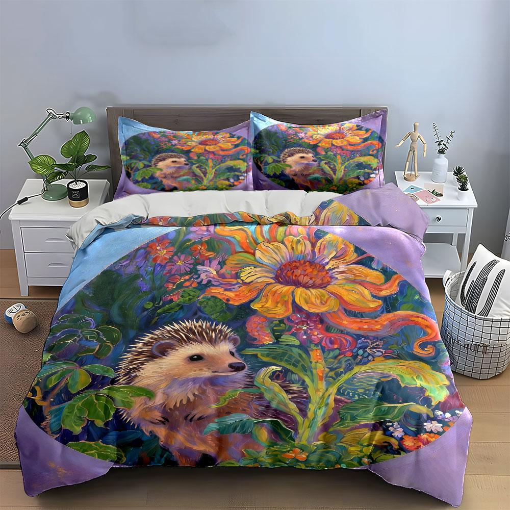 Floral Hedgehog Art Set Soft Comfortable Duvet Cover Bedding Set Included 1*Duvet Cover & 2*Pillowcases, Gift
