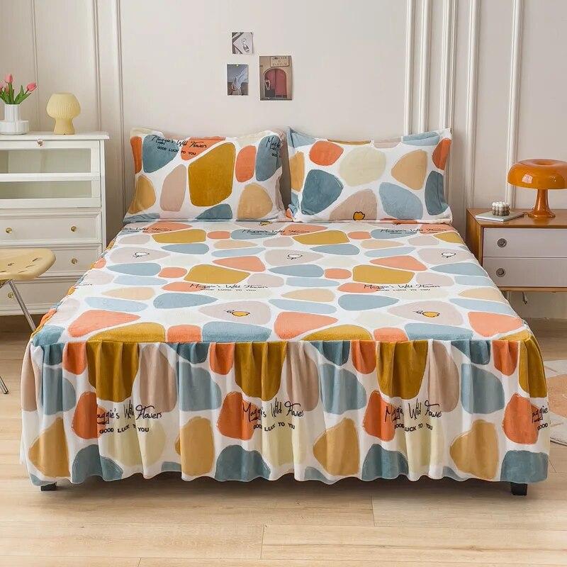 Milk Velvet Printed Bed Skirt, Thick And Warm Mattress Cover, Bedroom Trim, High Weight Fabric