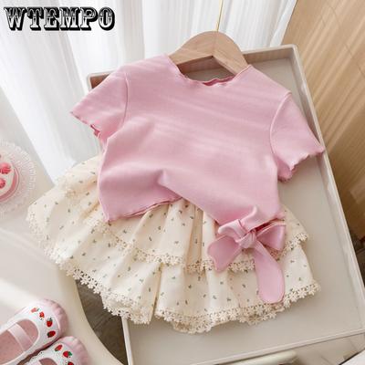 Girls' Summer Base Shirt Children's Korean with Fungus Edge Top Baby's Solid Color Casual T-shirt+skirt Two-piece Set