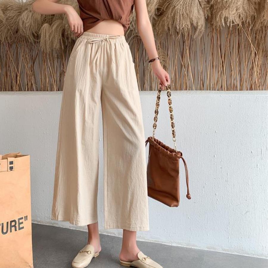Women Summer Autumn Cotton Linen Pants High Waist Solid Color Wide Leg Cropped Pants