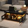 100x50x43cm schwarzer Hochglanz-Couchtisch, mit LED-Leuchten steuerbar per Handy-App, Schrank, Ladeanschluss und Steckdose, geeignet für Büro, Arbeitszimmer
