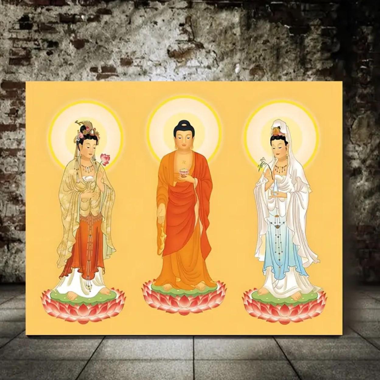 Three Saints Buddha Oil Canvas: Amitabha, Guanyin, Pine Wood Frame 10x15