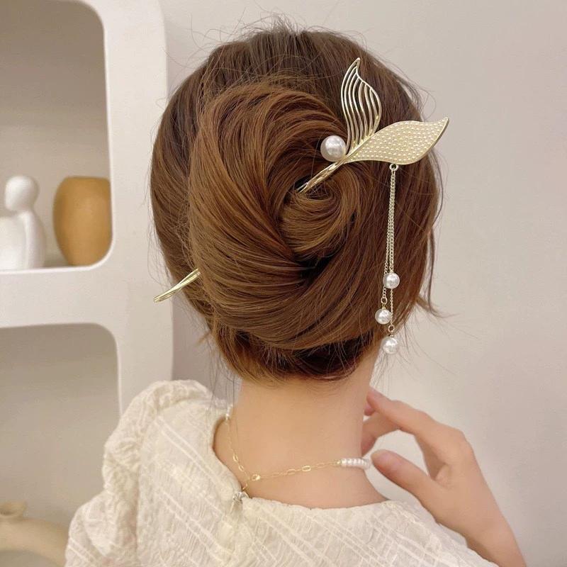 New Chinese Style Mermaid Hair Sticks Ancient Metal Rhinestone Pearl Long Tassel Hairpin Women Luxury Elegent Hair Accessories
