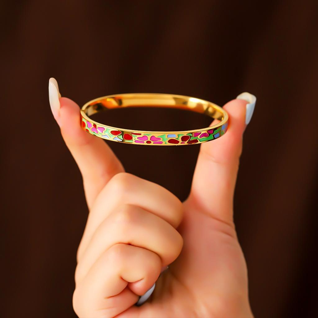 Hot Selling Stainless Steel Enamel Painted Bracelet 18K Gold Plated Women's Vintage Personalized Drip Oil Bangle for Women Gifts