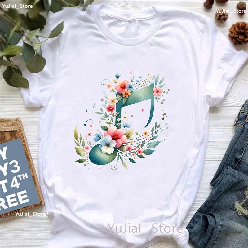 Watercolor Music Note Flowers Print T Shirt Girls Summer Fashion Tshirt Womem Hip Hop Tshirt Femme Harajuku Shirt Streetwear