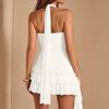 Women’s Strapless Ruffle Hem Asymmetric Mini Dress with Layered Skirt and Sleeveless Design for Casual or Evening Wear