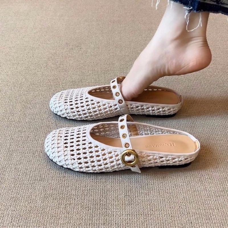 Fashion 2025 Summer New Women's Hollow-out Cow Leather Metal Buckle Slip-on Jane Flats Slides Sandal Elegant