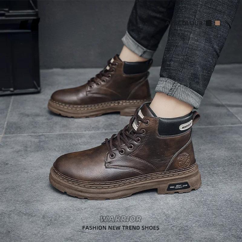 Чоловічі черевики з натуральної шкіри Мотоциклетні черевики Трендові черевики до щиколотки Ретро Британські Чоловічі черевики з високим верхом 2024 Нове Взуття для вулиці