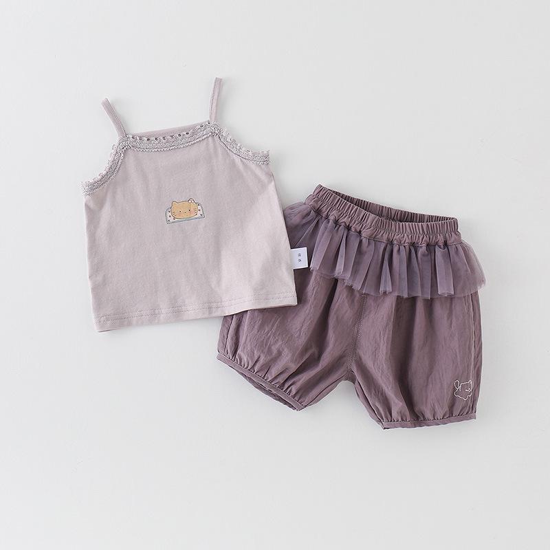 Korean Style Floral Print Camisole & Mesh Pants Set - Summer Outfit for Little Girls