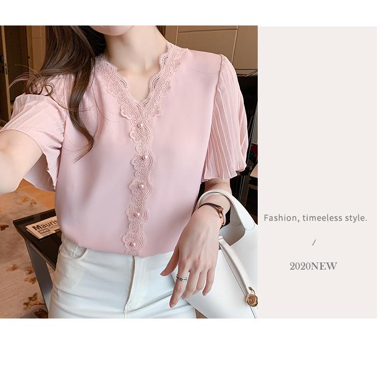 Women's Lace V-Neck Chiffon Short-Sleeve Summer Top - Stylish & Elegant
