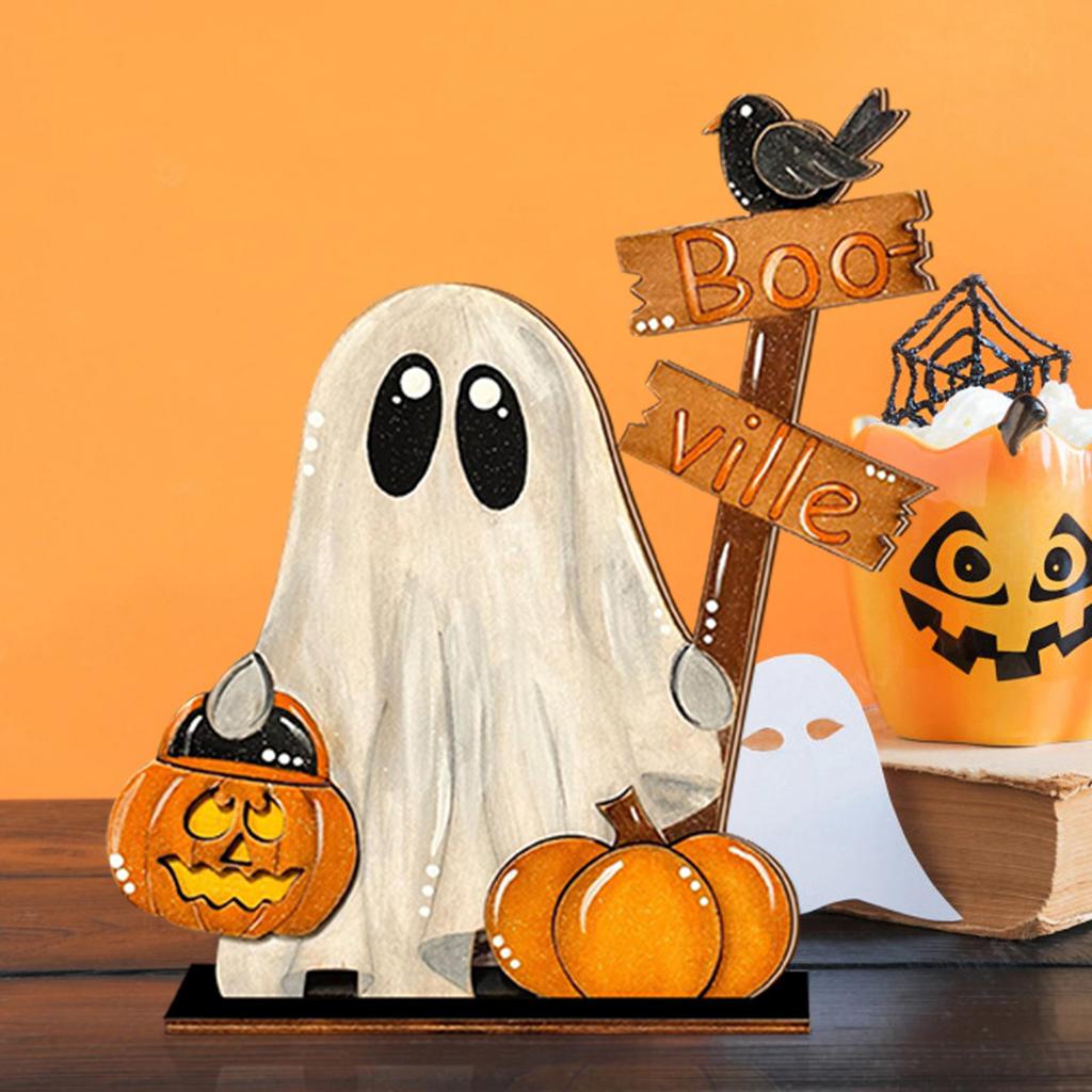 Halloween Decoration Wooden Pumpkin Ghostly Ornament Tabletop Wood Sign For Mantels Desk Shelf Holiday Party