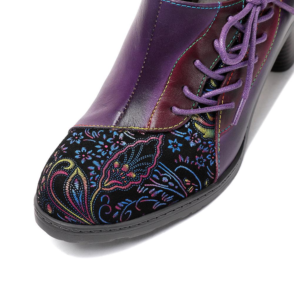 Johnature נעלי עקב גבוהות מודפסות רטרו, נעלי פאמפ מעור אמיתי, סגנון אתני, פרח, רוכסן צדדי, נעלי נשים