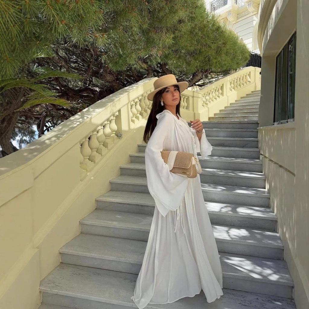 Elegant White Loose Guaze Long Dresses Woman Casual V Neck Flare Full Sleeve Long Robes New Female High Street Office Dress