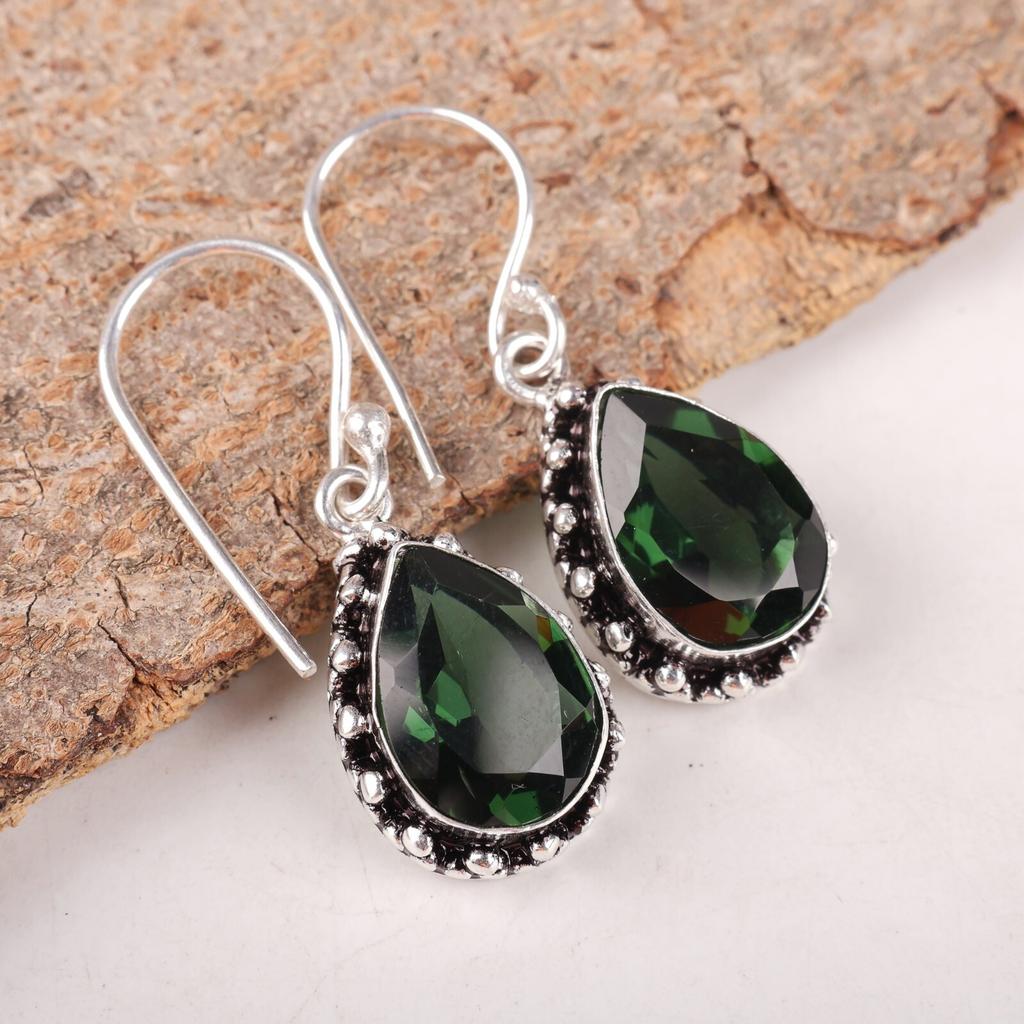 Green Tourmaline Gemstone 925 Sterling Silver Jewelry Drop/Dangle Earrings1.41" EE-97-15