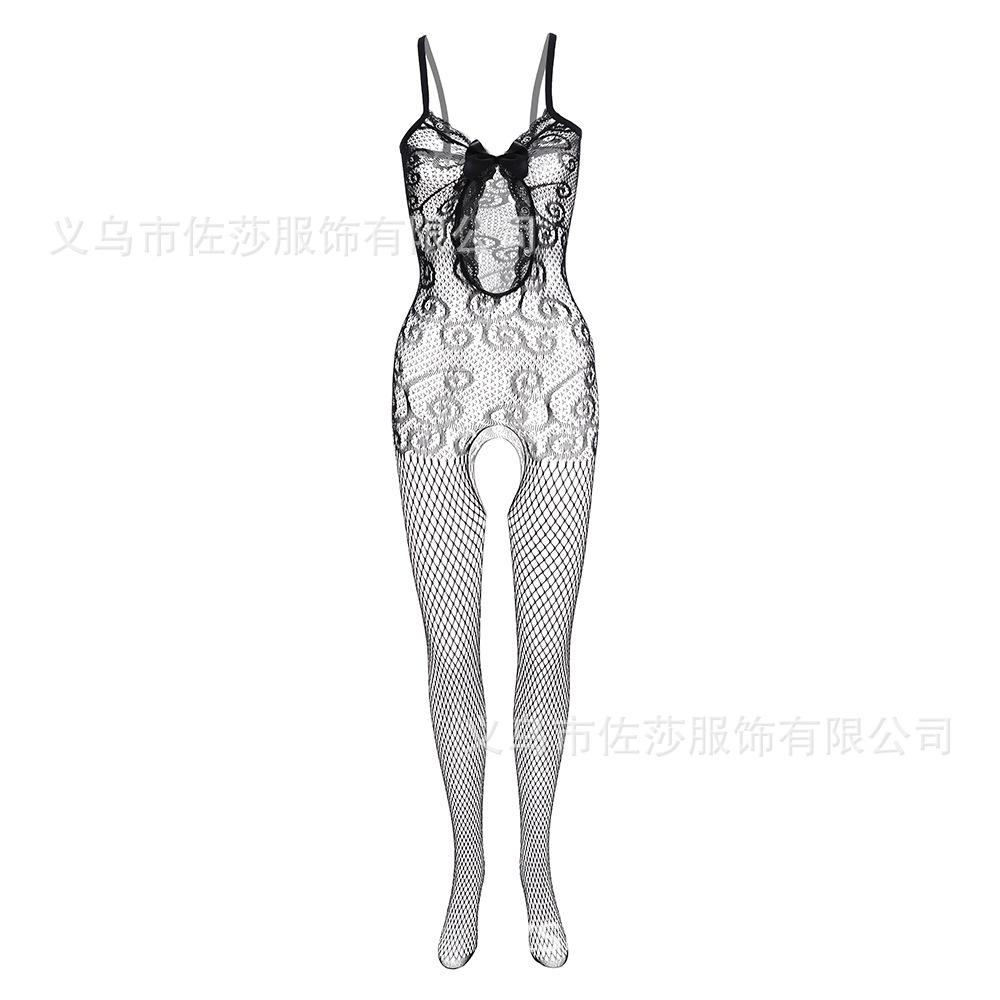 Fun net, sexy lace trimmed sling front hollow, bow thread jacquard one-piece net
