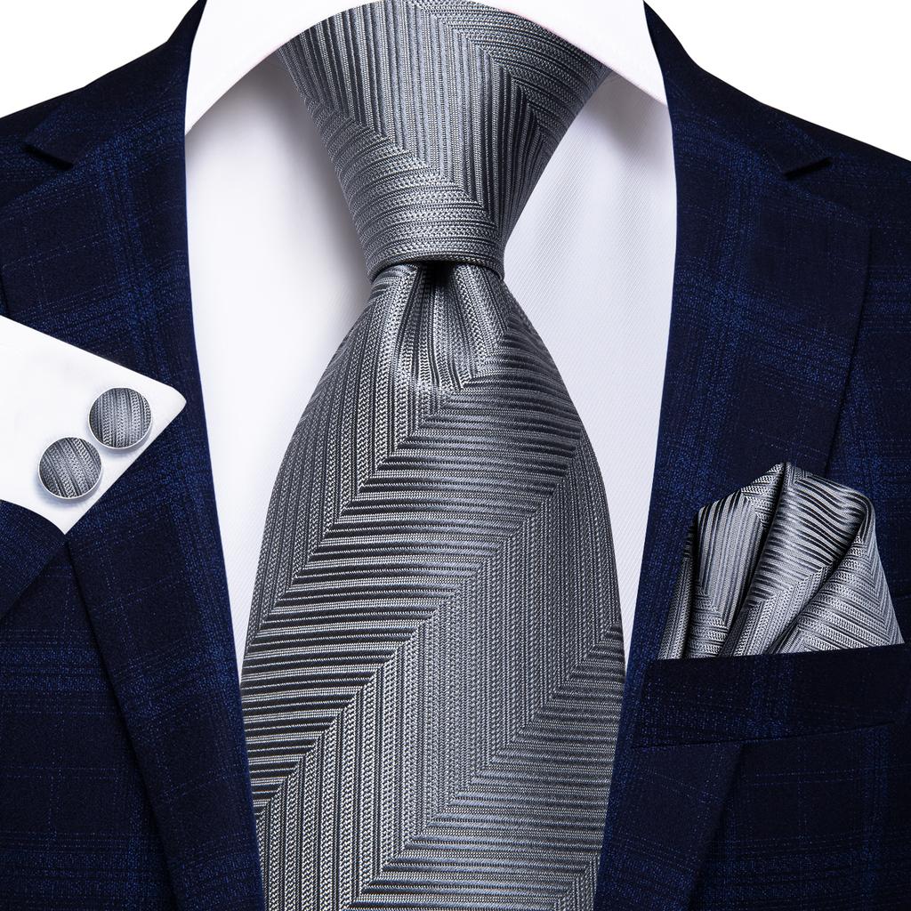 Hi-Tie Navy Blue Striped Silk Wedding Tie For Men Fashion Design Gift Men Necktie Hanky Cufflink Set Business Party Dropshiping