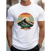 Men's Summer 100 Cotton Fashionable Sports Casual Loose Retro Snow Mountain Sunset Printed Round Neck Short Sleeved T-shirt Top
