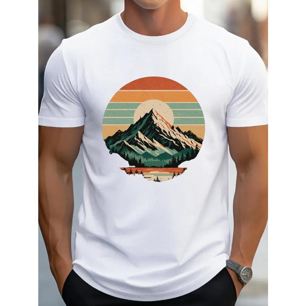 Men's Summer 100 Cotton Fashionable Sports Casual Loose Retro Snow Mountain Sunset Printed Round Neck Short Sleeved T-shirt Top