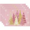 Pink Christmas Tree Snowflake Placemats Set Festive Winter Design with Golden Purple Trees Perfect for Holiday Dining