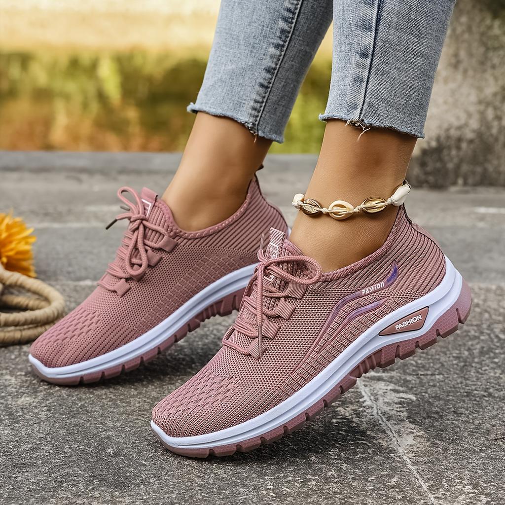 Women's Knit Sneakers with White Sole Breathable Low-Top Lace-Up Casual Shoes