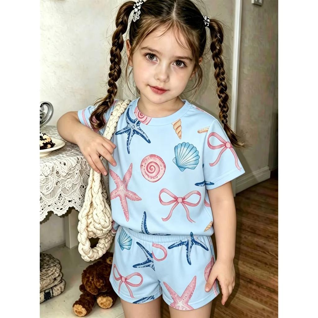 Girls Crew Neck Short Sleeve Matching Shorts Set Sea Star Shell Bow Print Soft Breathable Kids Daily Casual Summer Outfit Ages