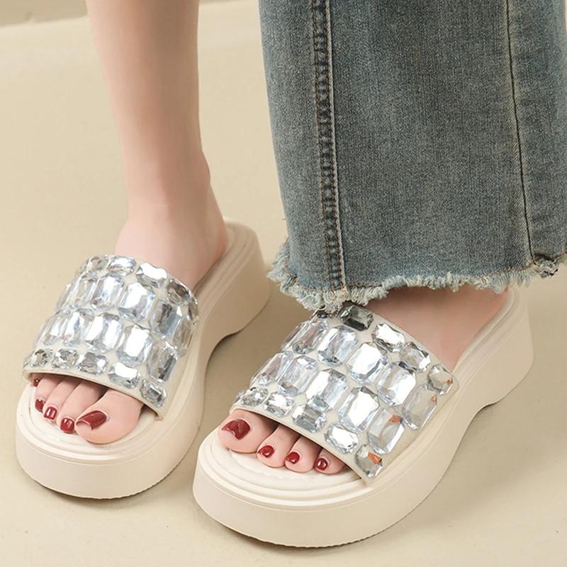 Fashion Big Crystal Chunky Platform Wedge Sandals Women Summer 2025 Thick Bottom Shiny Gem Slides Woman Slip On Mules Sandalias De Mujer