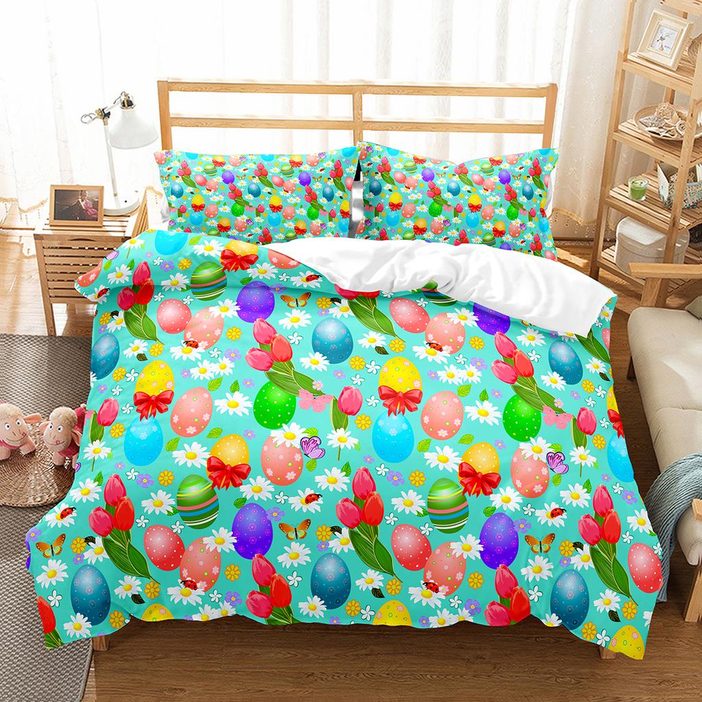 Cartoon Rabbit Duvet Cover Set Twin Queen Colorful Eggs Bedding Set Microfiber Floral Comforter Cover For Girls Boys Easter Gift