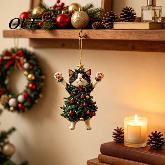 Indoor Holiday Ornaments 2Pcs Christmas Cat Acrylic Ornament, 2D Flat Kitty Hanging Pendant with Durable Santa Hat Tree Decor, Car Rearview