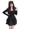 Hepburn Square Neck Black Long Sleeve Slim Dress with Puffy Skirt