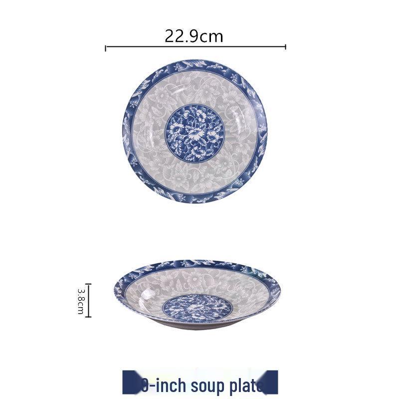 Set de 4 farfurii ceramice japoneze alb-albastru, de 8 inch: Include farfurie adâncă, farfurie pentru orez și farfurie pentru friptură.