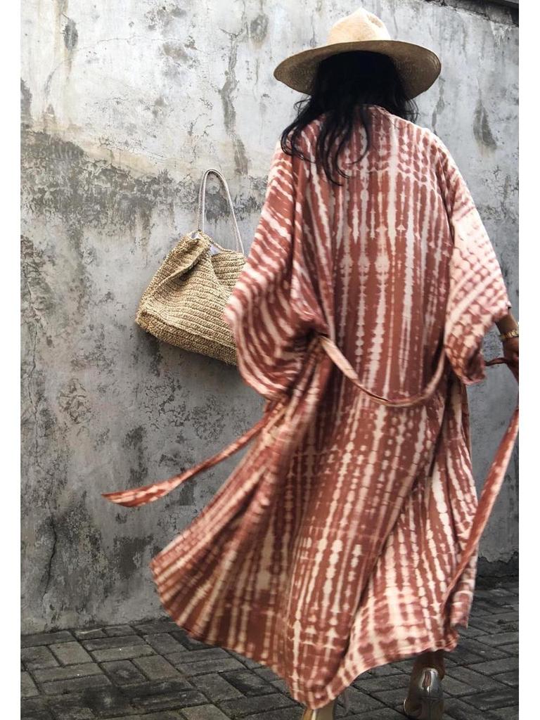 Evropský a americký bavlněný potisk volný plážový kardigan přehoz