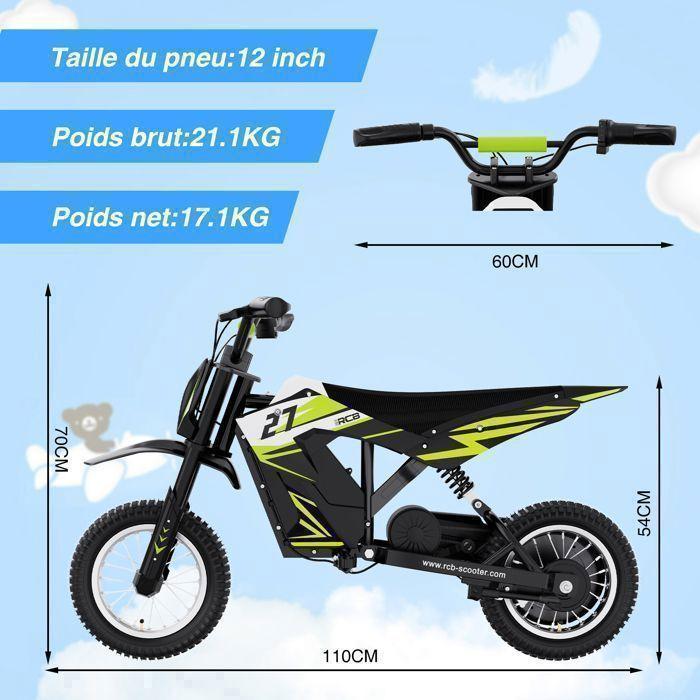 Motocicletă Electrică pentru Copii RCB - Baterie 36V/5.2Ah - Roți 12" - 3 Viteze - 17 km - R9X Verde