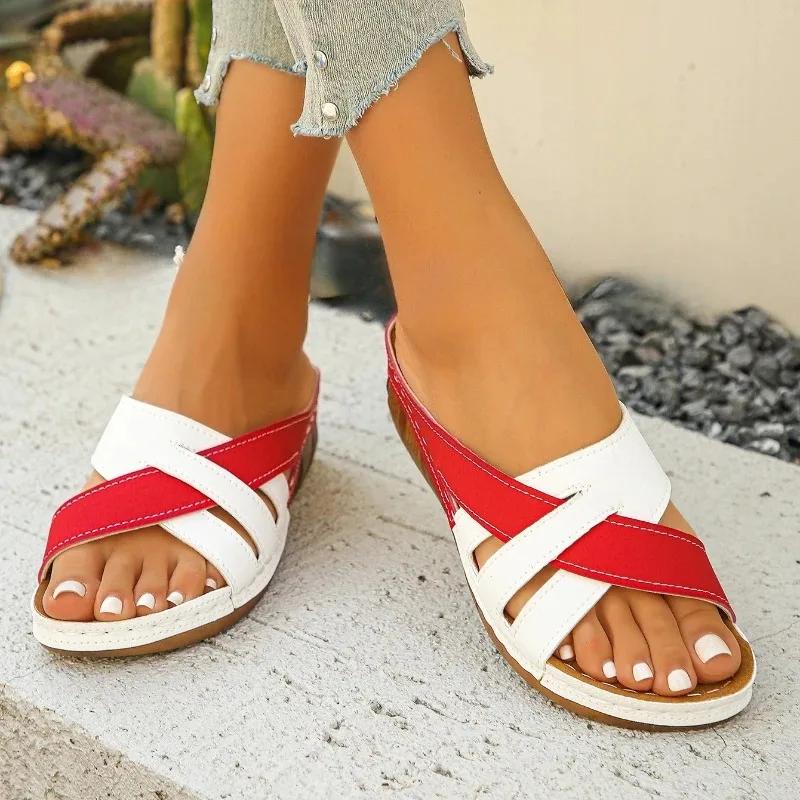 Fashion 2025 Summer New Color Blocked Fashion Women's Thick Bottom Slope Heel Slippers Outdoor Women's Sandals Summer Women Shoes