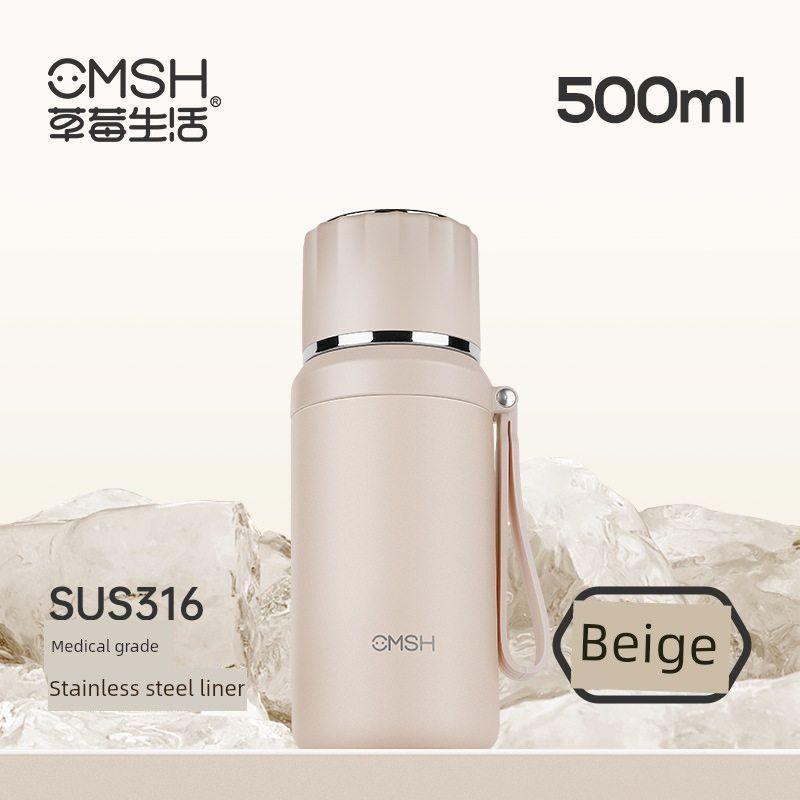 2025 New Model Strawberry Life Outdoor Thermos Large Capacity Thermos Cup Vacuum Travel Flask Portable Water Cup Beige + Carrying Rope 500ml