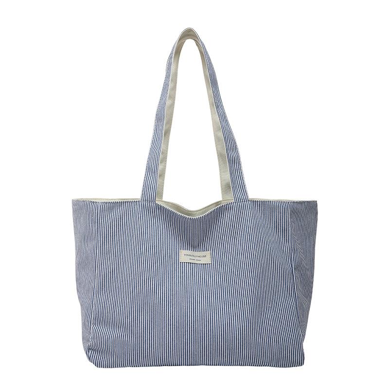 New Double-sided Shoulder Bag Large-capacity Tote Bag Literary Texture Embroidery Student Canvas Striped Commuter Bag