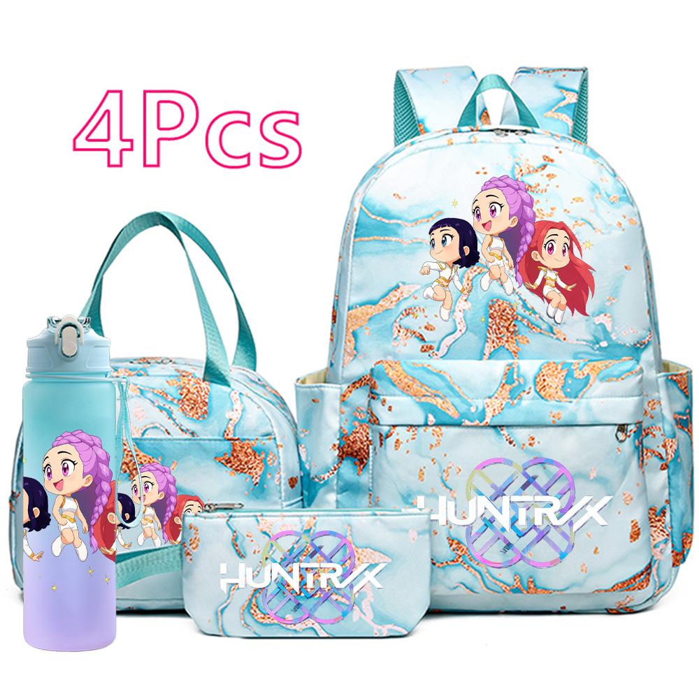 4Pcs/set Cartoon K-Pop Printed Large Capacity Backpack Handbag Pencil Case with 750Ml Water Bottler for Teenager Boy Girl Schoolbag Bookbag Kid Gift