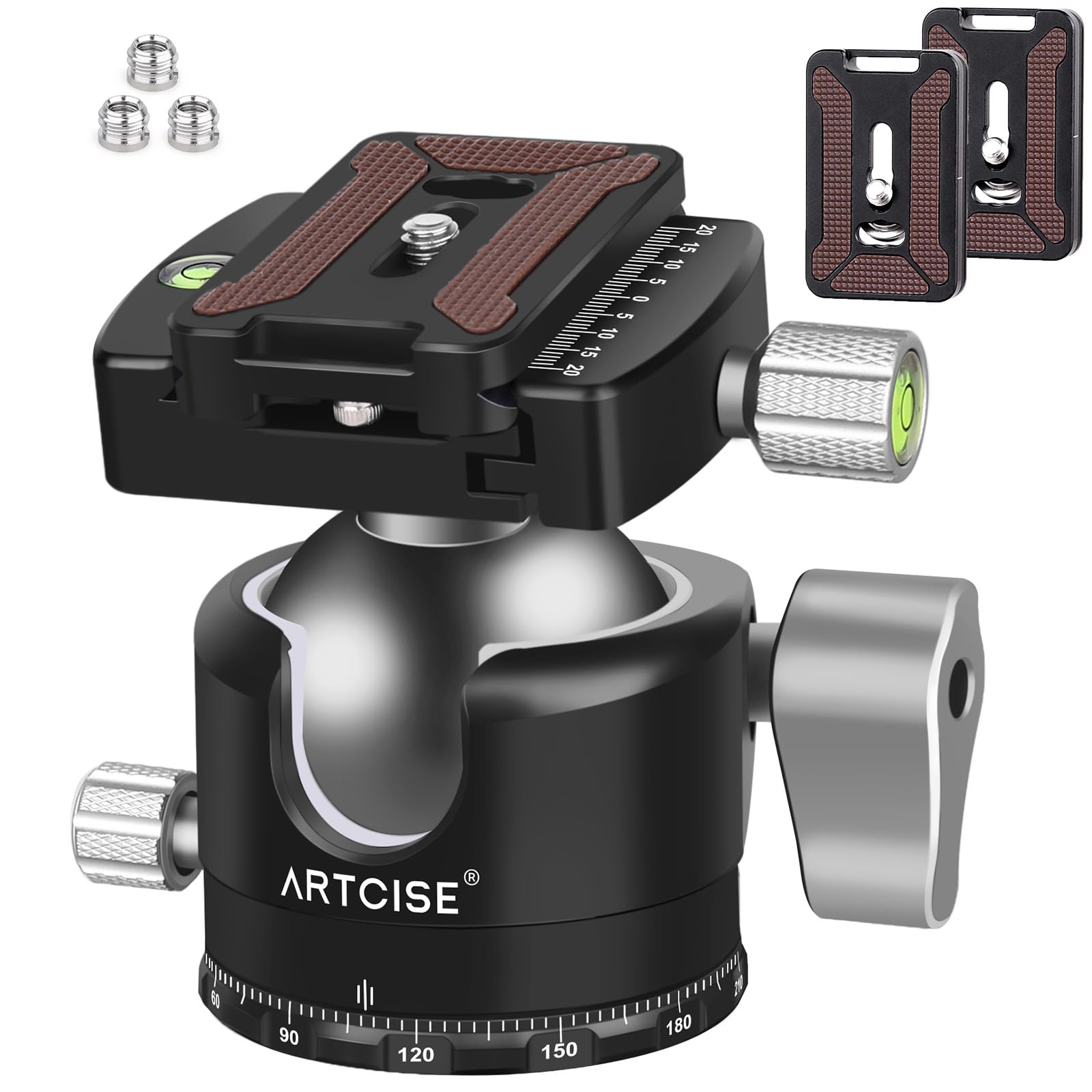 

ARTCISE 50mm Low Center of Gravity Ball Lightweight CNC Aluminum Tripod Quick Release High Load with Spirit Level and Spare Plate Included Head, Head, чёрный