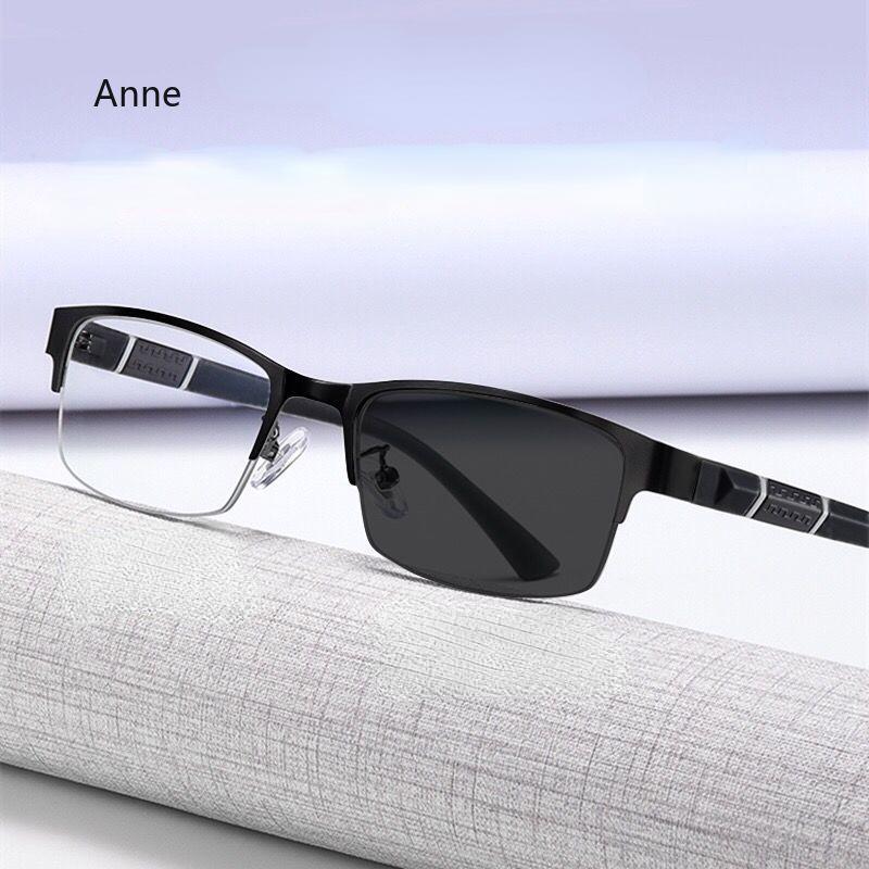 Half Frame Photochromic Myopia Glasses Men Business Metal Anti-blue Light Outdoor UV400 Color Changing