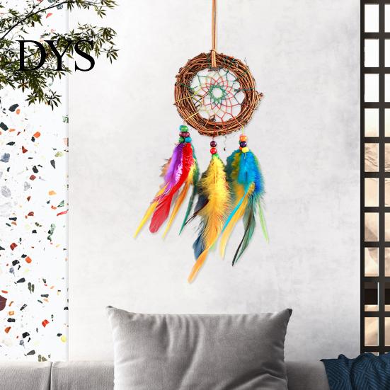 Hanging Dream Catcher with Lanyard Indian Style Decorative Wood Bead Feather Garden Decoration Home Decor Pendant