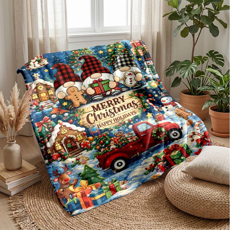 Festive Christmas Gnome with Tree and Heart Theme Blanket Lightweight Warm Flannel Blanket Decorative Throw Blanket for Home Decoration