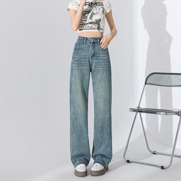 Lockere Hose mit weitem Bein Preußischblau Bequeme weite gerade Hose Frühling Vielseitige weiche Jeans