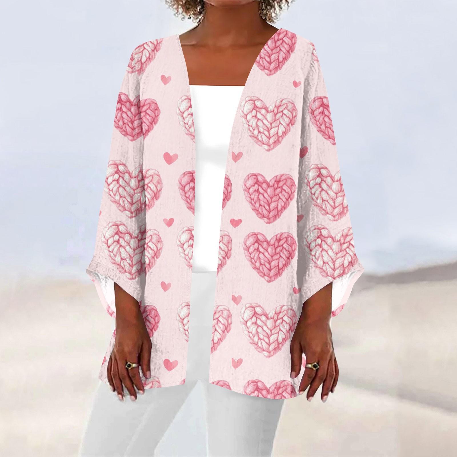 

Женская повседневная и модная легкая куртка средней длины с принтом ко Дню святого Валентина, кардиган L розовый