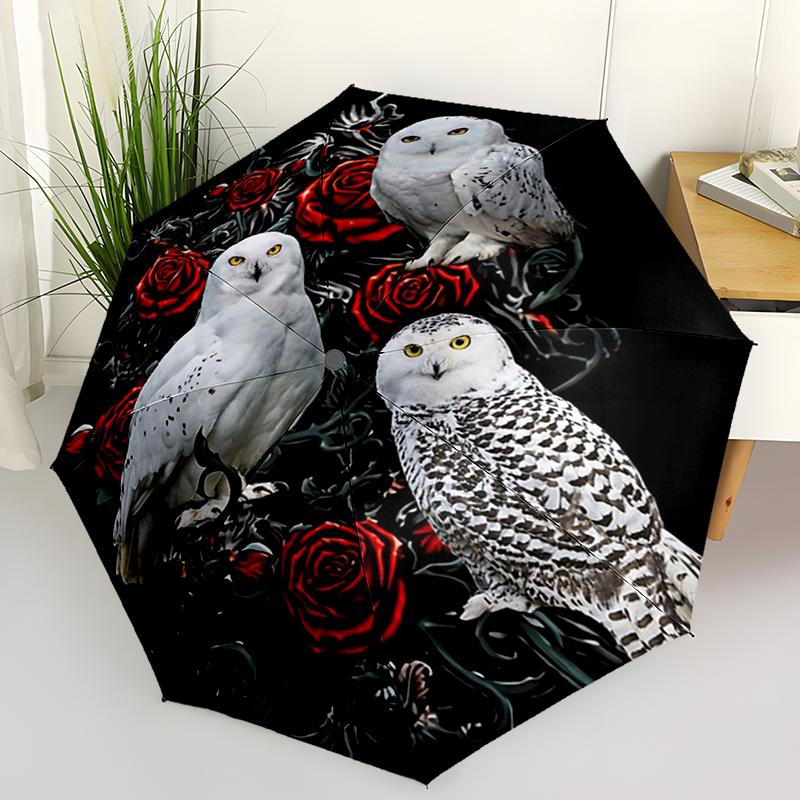 1PC Mysterious Snowy Owl Folding Umbrella Auto-Open Design 8 Iron Ribs Plastic Handle Foldable Sunshade Perfect Christmas Gifts