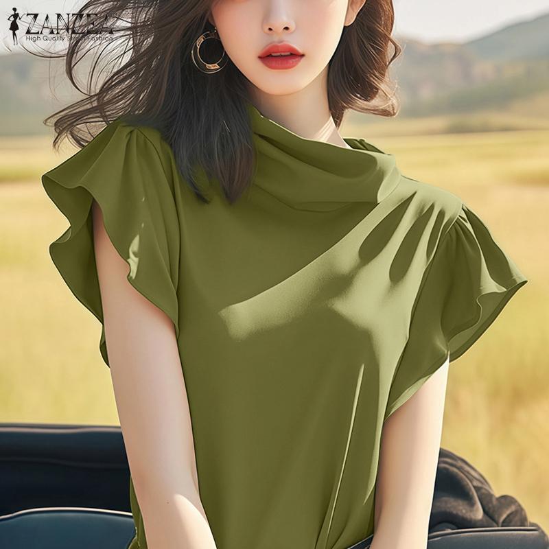 ZANZEA Women Stand Collar Summer Casual Ruffles Short Sleeve Blouse