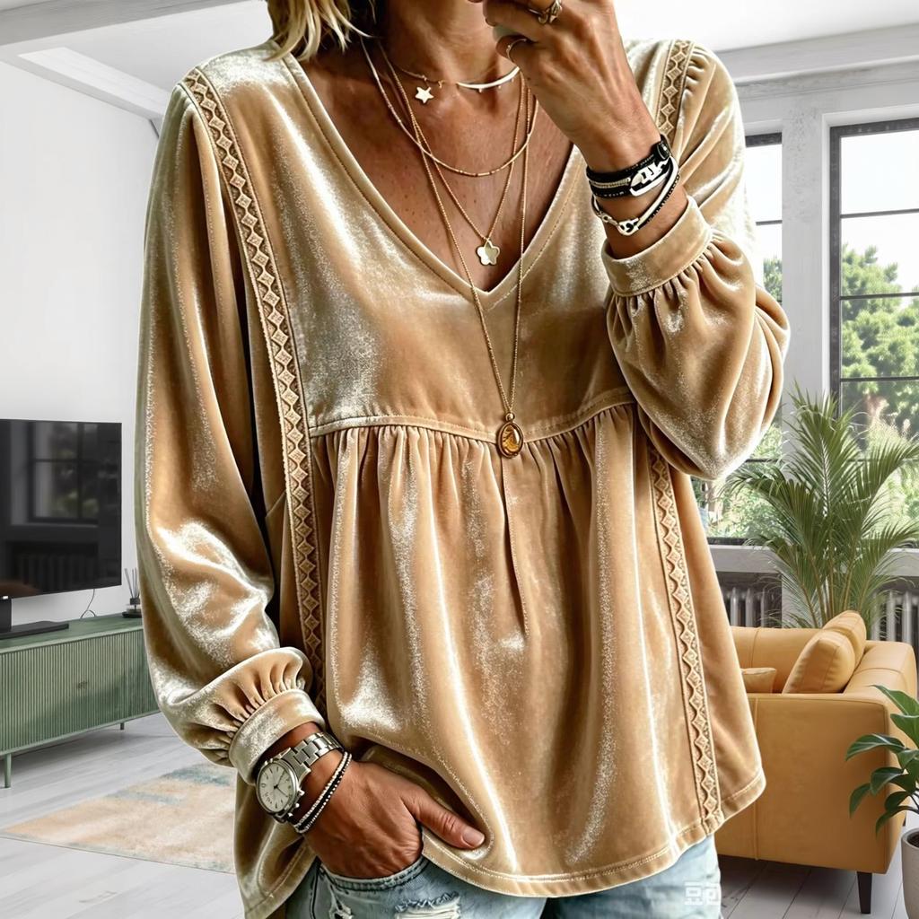 Women's V-Neck Lace Long Sleeve Blouse - Color Loose Fit Top for Everyday Wear