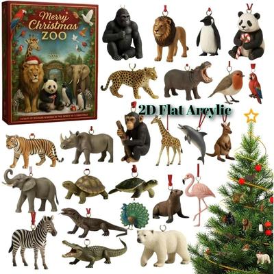 Zoo Advent Calendar, Merry Christmas Countdown Calendar with 2D Flat Acrylic Animal Collectible Pendant, 24 PCS Animal Ornaments for Teens Kids