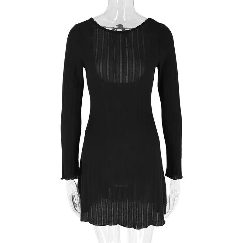 

Western Style Sexy Backless Lace-up Slim fit Long sleeve dress Knitted Sexy Backless Dress Black S